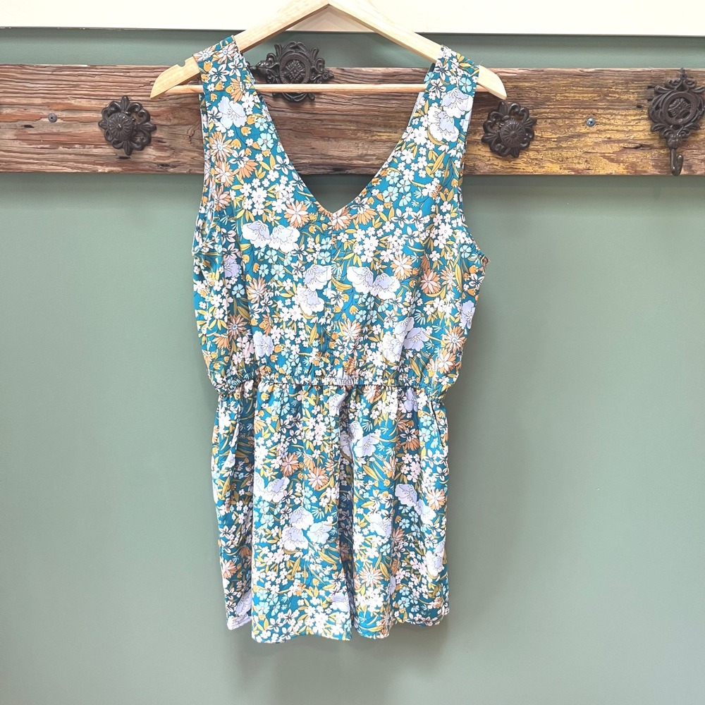 Baltic Born Teal Floral Surplice V-Neck Sleeveless Elastic Waist Romper L‎